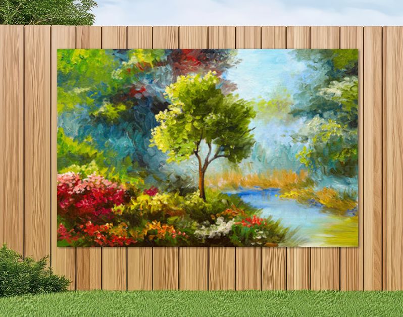 olieverfschilderij, bloemen en bomen bij de rivier, zonsondergang