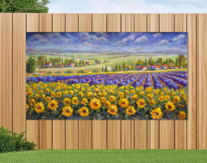 Toscane zomer Italiaans landschap. Violet blauw lavendelveld, een gele zonnebloem zonnebloemen, witte huizen met rode daken een helder Paletmes schilderij, impressionisme illustratie natuur artwork kunst