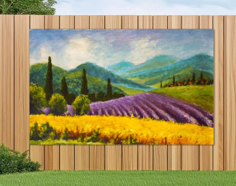 Olieverfschilderij Italiaans zomerlandschap. Lavendel paars veld. Frans Toscane. Veld van gele rogge. Landelijke huizen