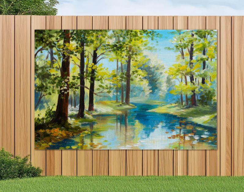 Landschap met olieverfschilderij - rivier in het bos, zomerdag