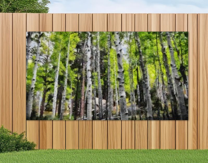 Hand tekenen van aquarel kunst op canvas. Artistieke grote print. Origineel modern schilderij. Acryl droge borstel achtergrond. Mooie zomerse landschap. Reis uitzicht. Groene bosboom. Wild natuur