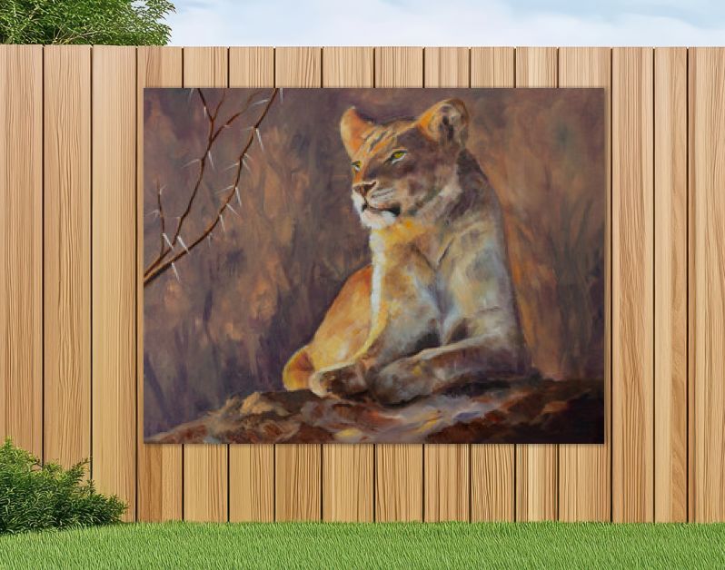 Origineel olieverfschilderij, Leeuwin die haar domein onderzoekt.