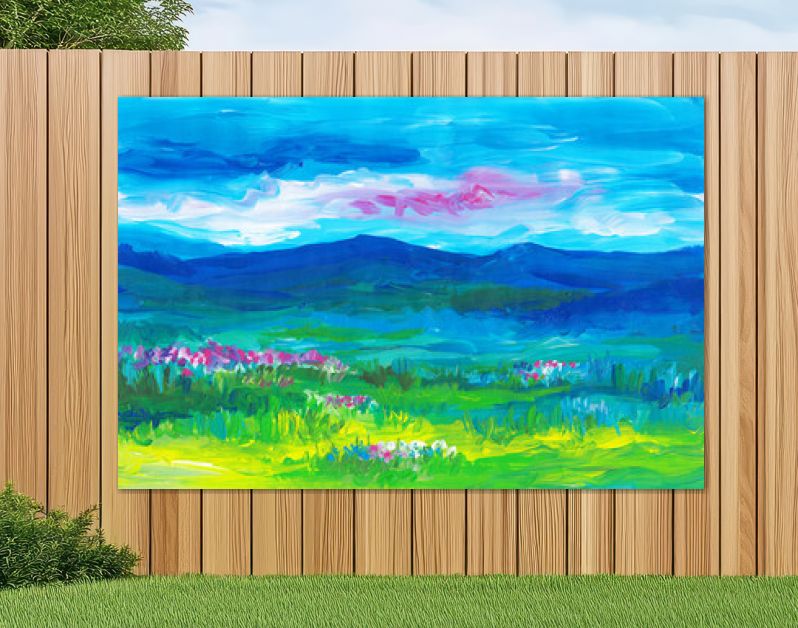 Olieverf landschap schilderij. Blauwe bergen, groene velden, roze bloemen, avondrood.