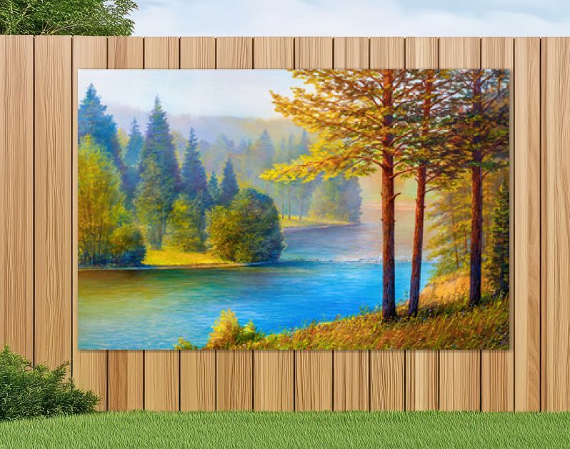 Ochtendlandschap met dennen en rivier.