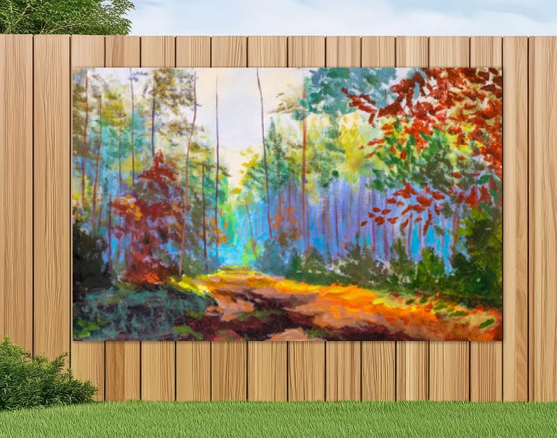Impressionisme modern olieverfschilderij herfst bos park steegje zonlicht landschap kunstwerk. Zonnige kunst