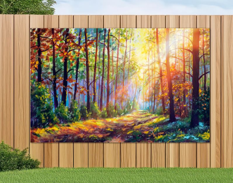 Origineel olieverfschilderij prachtig bos in de herfst, schilderachtig landschap met aangename warme zonneschijn beeldende kunst