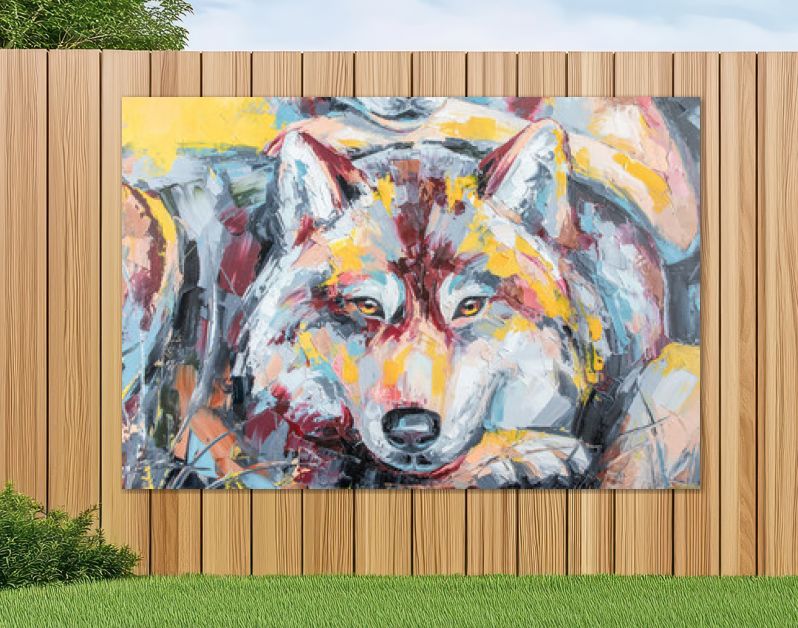 Oliewolf portret schilderij in veelkleurige tinten. Conceptueel abstract schilderij van een paar wolven. Close-up van een schilderij door olie en Paletmes op canvas.