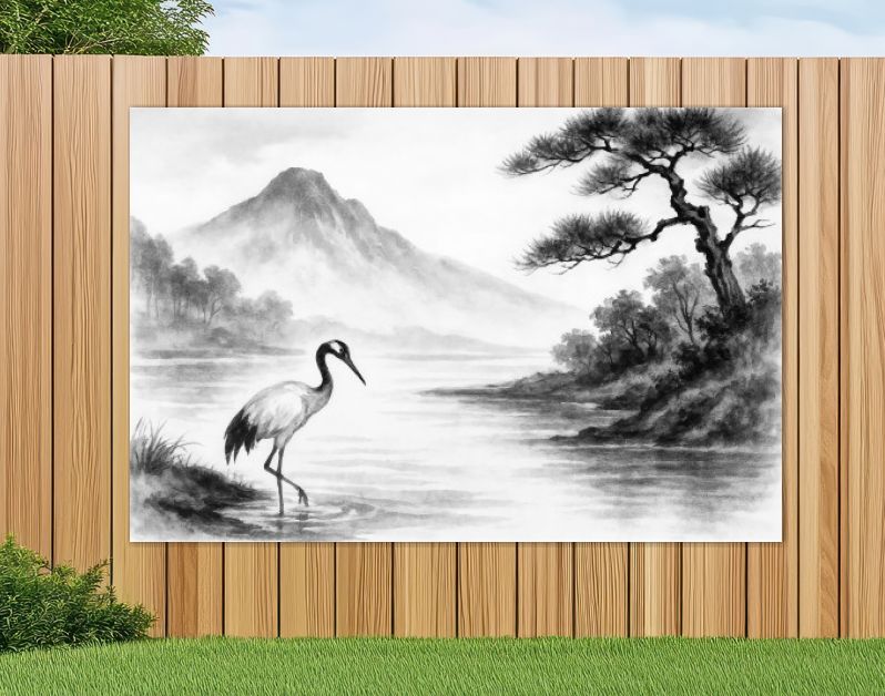 Japandi landschap met kraanvogel en bergen