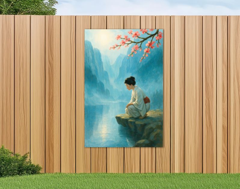 Japanse vrouw bij rivier met kersenbloesem