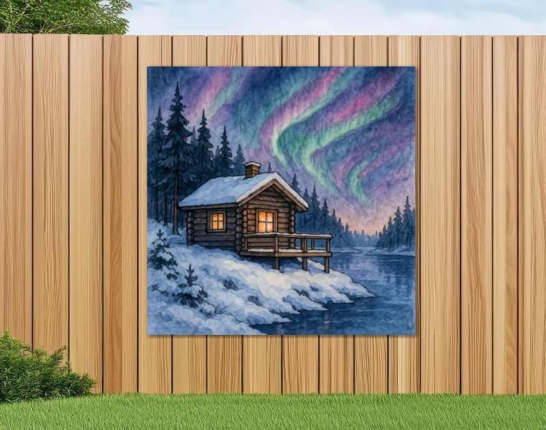 Houten blokhut aan het water met noorderlicht in Noorwegen