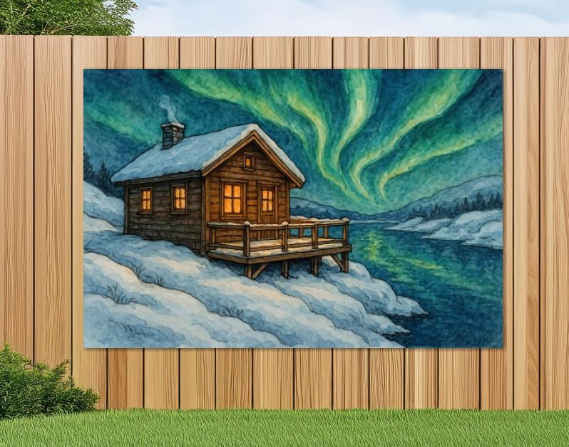 Houten huisje aan het water in Scandinavië bij noorderlicht