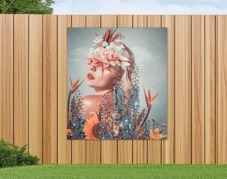 Abstracte kunstcollage van jonge vrouw met bloemen