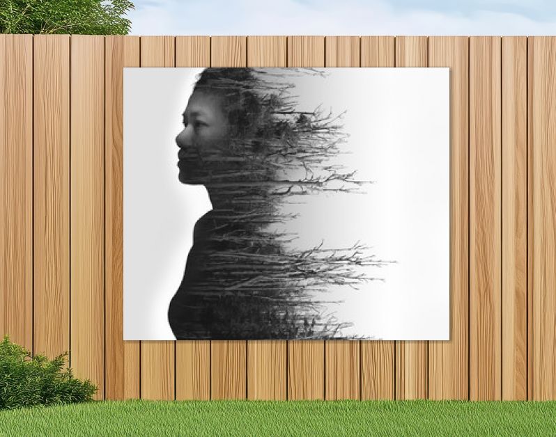 Dubbel belichtingsportret van jonge vrouw en gedroogd bos