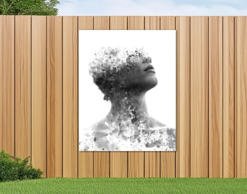 Paintografie. Dubbelbelicht portret van een aantrekkelijk model gecombineerd met handgetekende inktschildering met diepte en textuur