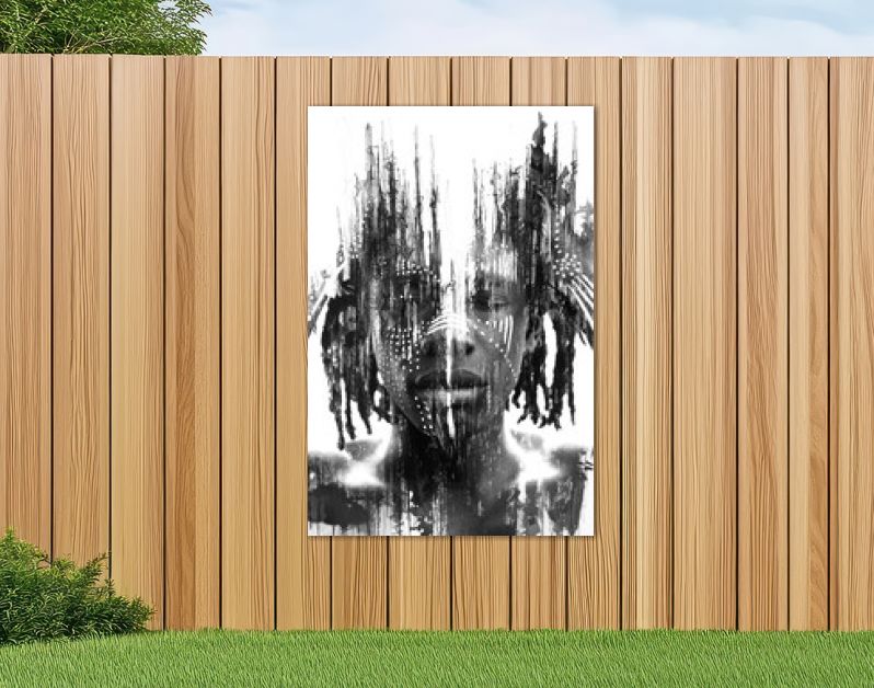 Paintografie. Expressieve Afrikaanse man gecombineerd met dramatische dubbele belichtingstechnieken en met de hand getekende schilderijen