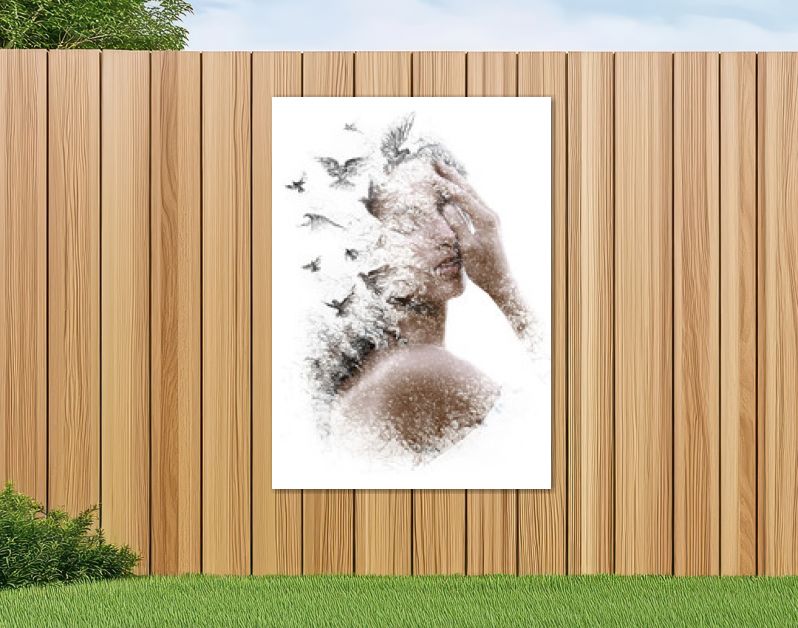 Paintografie. Double Exposure-portret van een elegante vrouw met gesloten ogen gecombineerd met handgemaakte potloodtekening van een zwerm vogels die vrij rondvliegen en lijken op uiteenvallende deeltjes van haar wezen