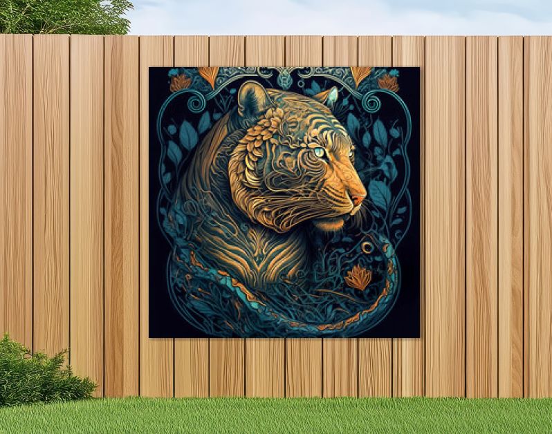 Portret van sierlijke tijger, mysteriekunst, donkere achtergrond, wicca-symbool, dierlijk gezicht