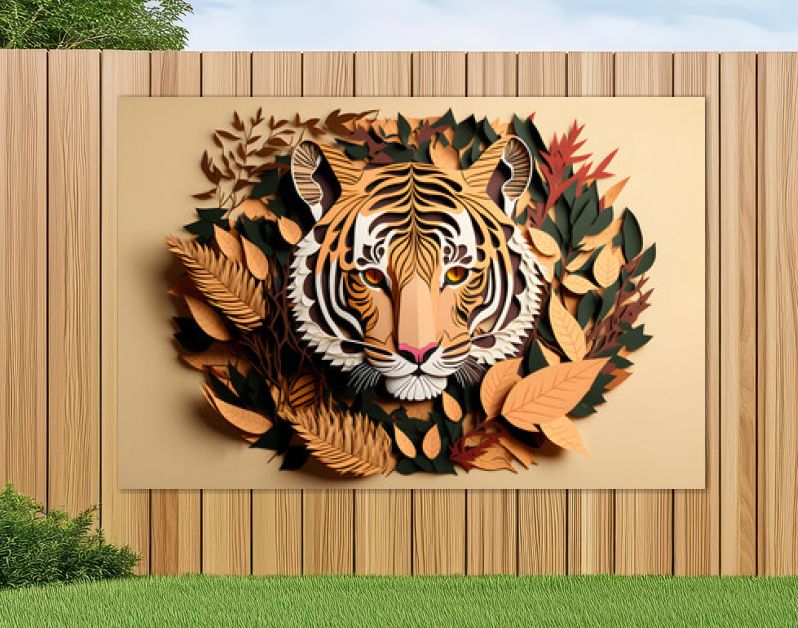 Papier gesneden ambachtelijke kunst illustratie van een tijger. Bladeren sierlijk. Vooraanzicht. Generatieve AI.