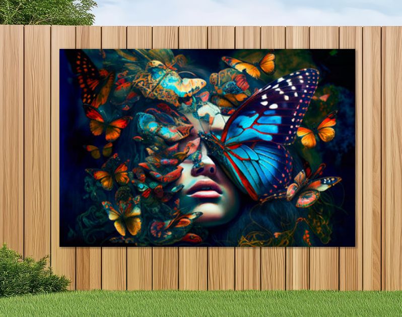 Portret van een vrouw met vlinders. Generatieve AI.