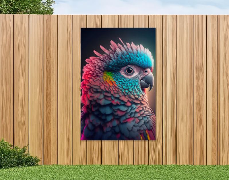 ai halverwege de reis gegenereerde illustratie van een kleurrijk papegaaienportret in blauwe en roze kleuren