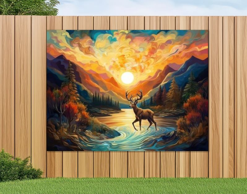 3d abstractie modern muurkunstdecorbehang met blauwe en gouden hertendieren met zonsondergangberg en bomen illustratie achtergrond generatieve ai