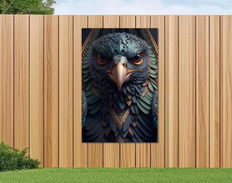 Close-up van het hoofd van een havik gemengd met ornamenten. Portretstijl in 3D-ontwerp. Generatieve AI.