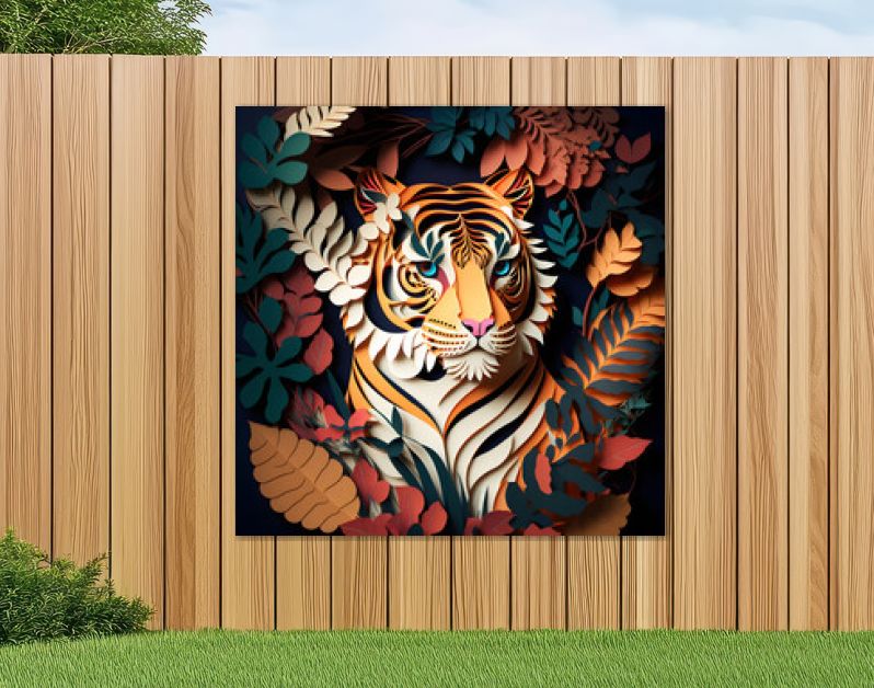 Papier gesneden ambachtelijke kunst illustratie van een tijger. Bladeren sierlijk. Vooraanzicht. Generatieve AI.