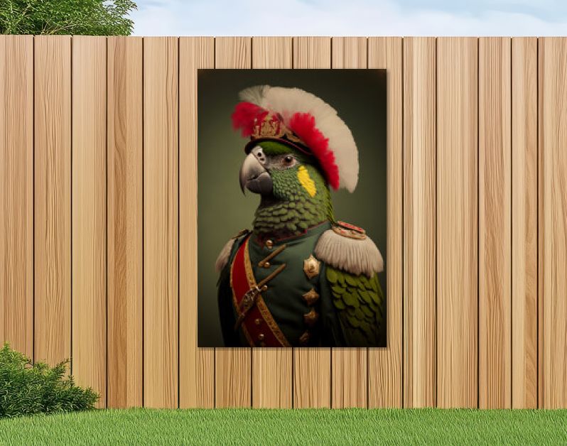 Een exotische papegaai die een traditioneel militair uniform draagt. Dierenportret in kleding. generatieve ai