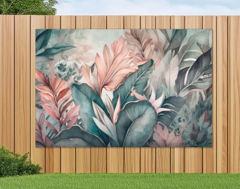 Zacht gekleurd tropisch bladbehang, bananenplanten, muurschilderingen, interieur. Generatieve AI