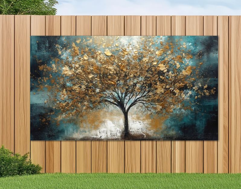 goud en blauw abstracte winterboom kunst aan de muur