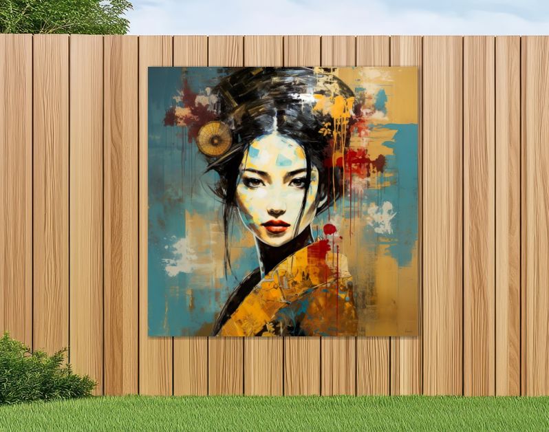 Geisha grace vintage elegance in steel blue and warm ocher