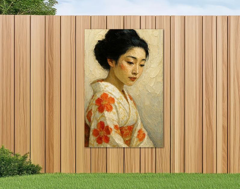 Japanse geisha in kimono met oranje bloemen