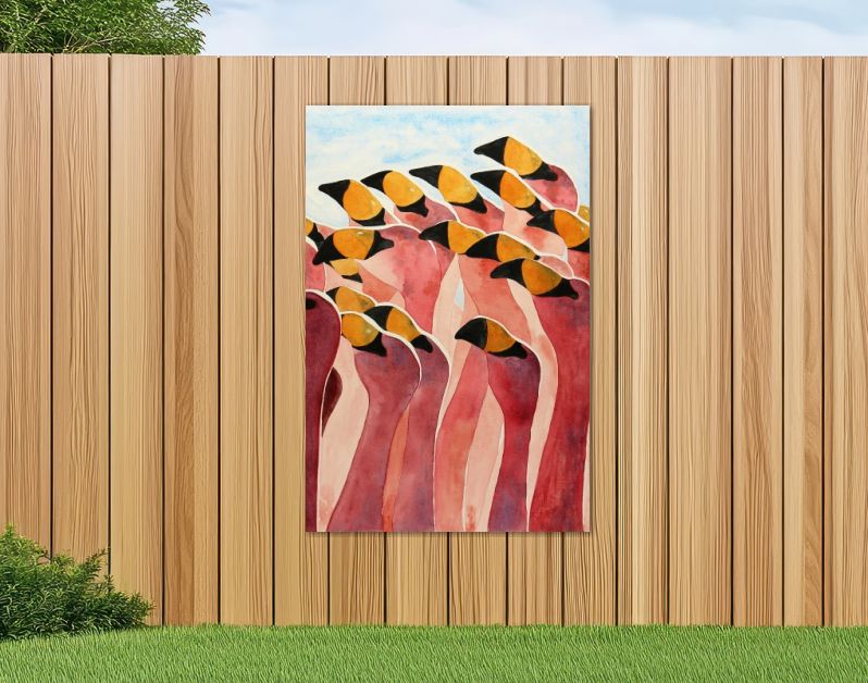 Groep flamingo’s met opgeheven koppen