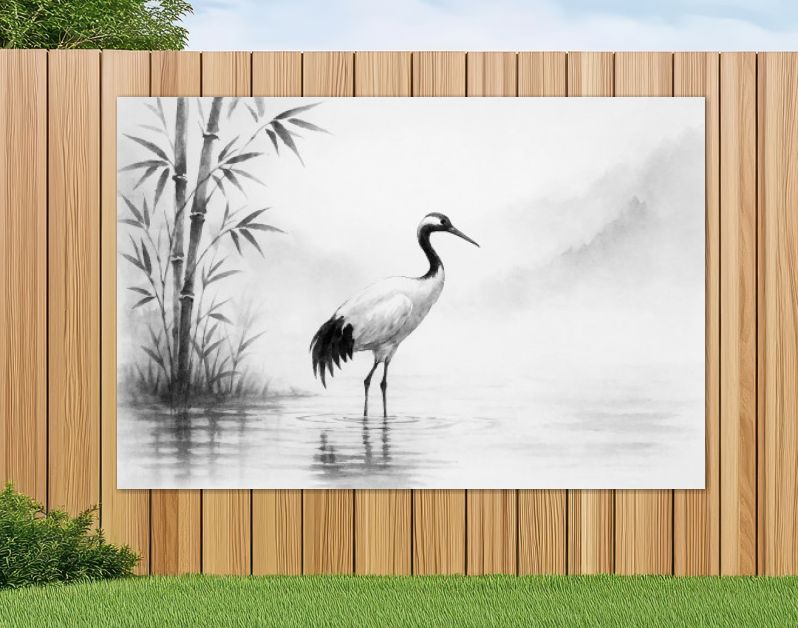 Kraanvogel aan de rivier in Japanse inkstijl