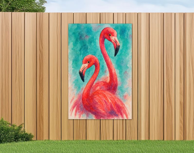 Twee roze flamingo’s tegen tropische turquoise achtergrond