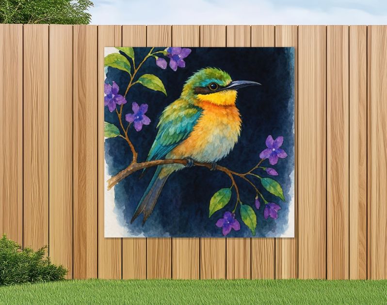 Tropische bijeneter vogel op tak met paarse bloemen