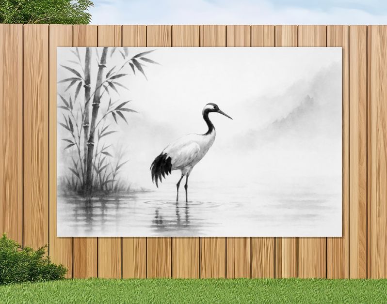 Kraanvogel aan de rivier in Japanse inkstijl