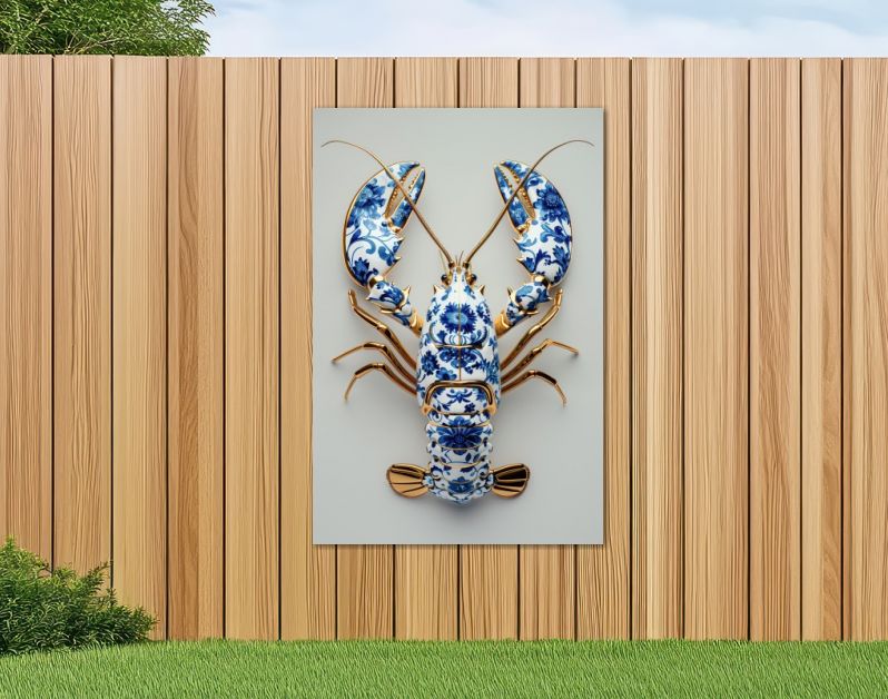 Delfts blauwe kreeft met goud op zacht salie