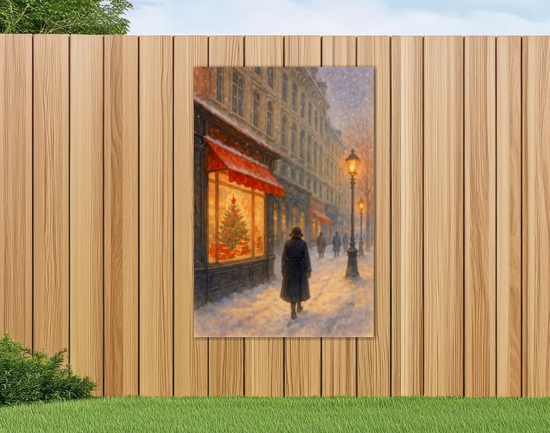 Kerstavond in de stad met verlichte etalage