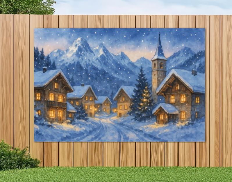 Winters Alpen­dorp met besneeuwde huizen en kerktoren