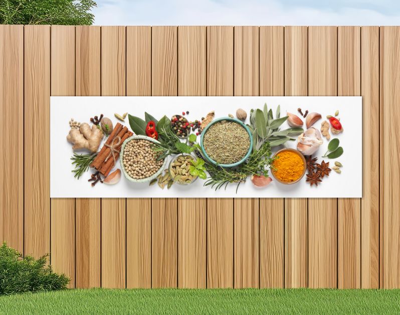 Different fresh herbs and spices on white background, flat lay. Banner design