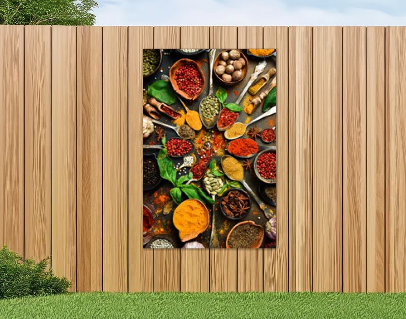 Kleurrijke kruiden en specerijen in lepels om te koken. Indiase kruiden. Op de achtergrond van zwarte steen. Bovenaanzicht.