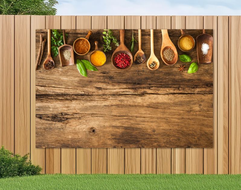 Colorful spices on wooden table