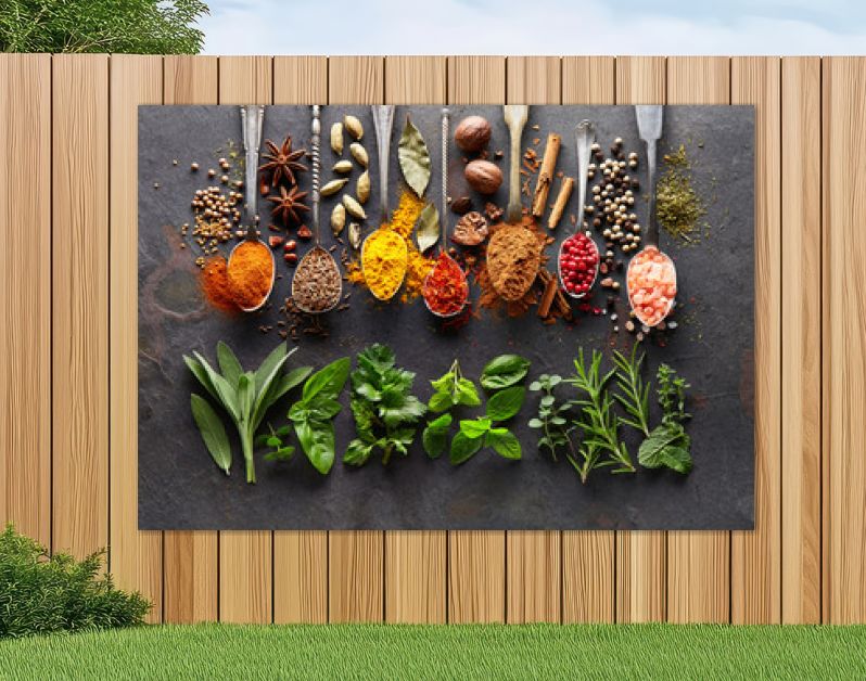 Spices and herbs on black board