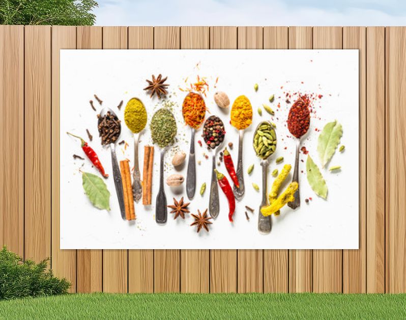 Set of various spices in spoons on white