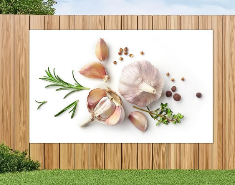 garlic and herbs on white background