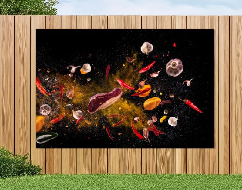 Hot red pepper, garlic, different spices powder meat stakes flying on a black background Motion freeze photo composition