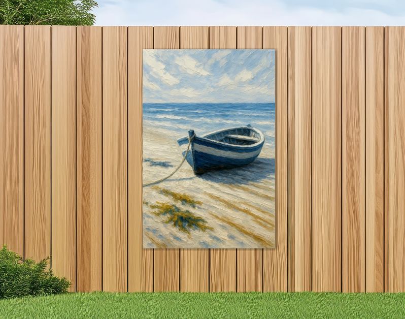 Blauwe roeiboot op rustig strand bij zee