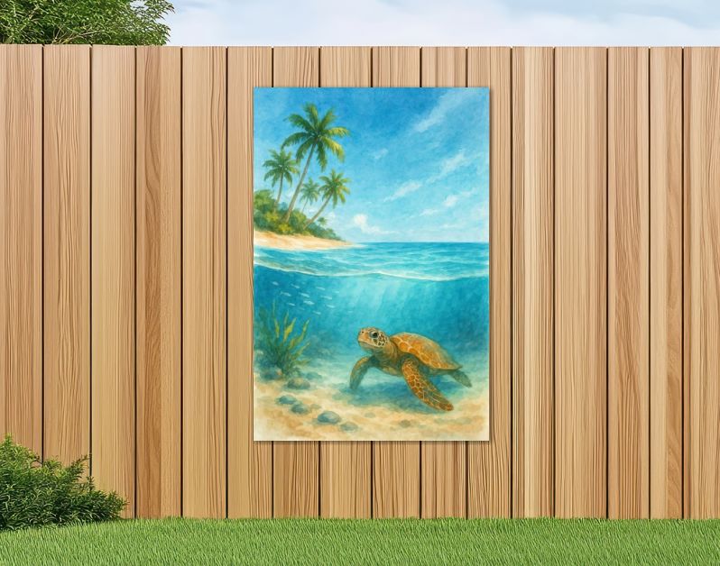 Schildpad bij tropisch strand en palmbomen