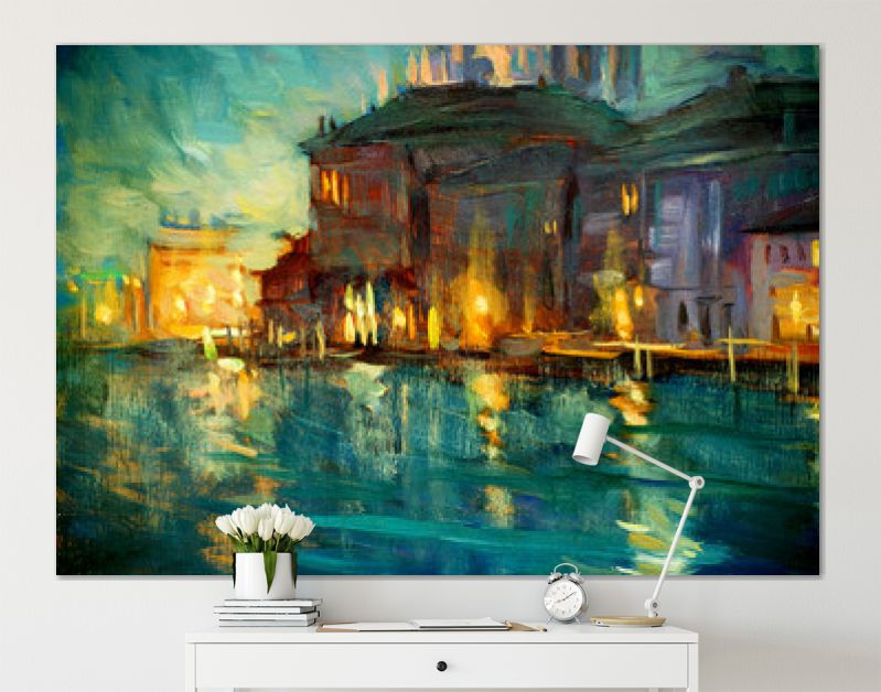 nachtlandschap naar Venetië, schilderij met olieverf op triplex, illustrat